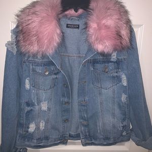 Distressed Jean Jacket with Pink Fur Collar!